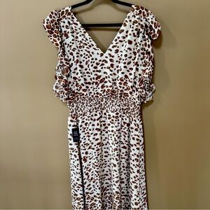 Express White and Brown Leopard Print V-Neck Smocked Waist Dress
